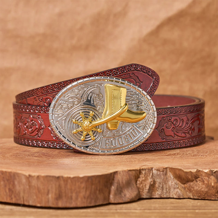 Rotating Star Rodeo Boots DIY Buckle Leather Belt - Cowboy Boots - Brown Carved Belt - 42 - image 6