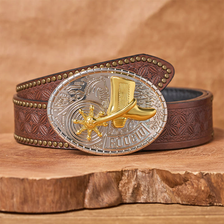 Rotating Star Rodeo Boots DIY Buckle Leather Belt - Cowboy Boots - Brown Rivet Belt - 42 - image 4