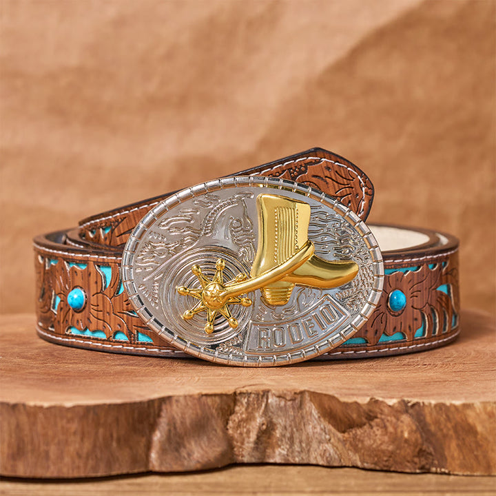 Rotating Star Rodeo Boots DIY Buckle Leather Belt - Cowboy Boots - Turquoise Carved Belt - 42 - image 3