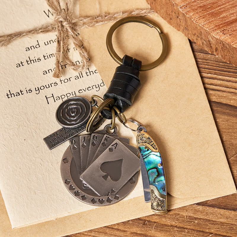 Retro Poker Pendant With Shell Texture Folding Knife Keychain - image 1