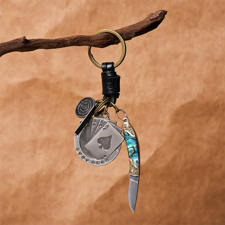 Retro Poker Pendant With Shell Texture Folding Knife Keychain - image 3