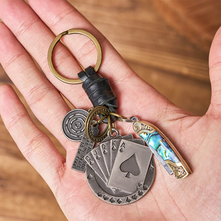 Retro Poker Pendant With Shell Texture Folding Knife Keychain - image 2