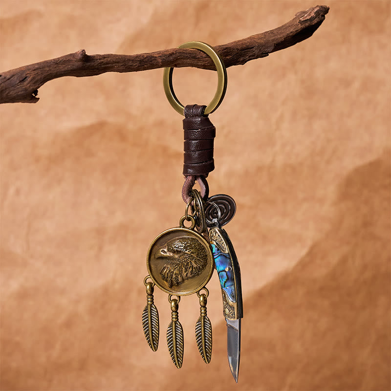 Retro Eagle Head Round Pendant Shell Texture Folding Knife Keychain - image 3