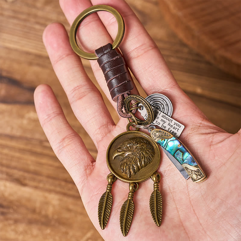Retro Eagle Head Round Pendant Shell Texture Folding Knife Keychain - image 2
