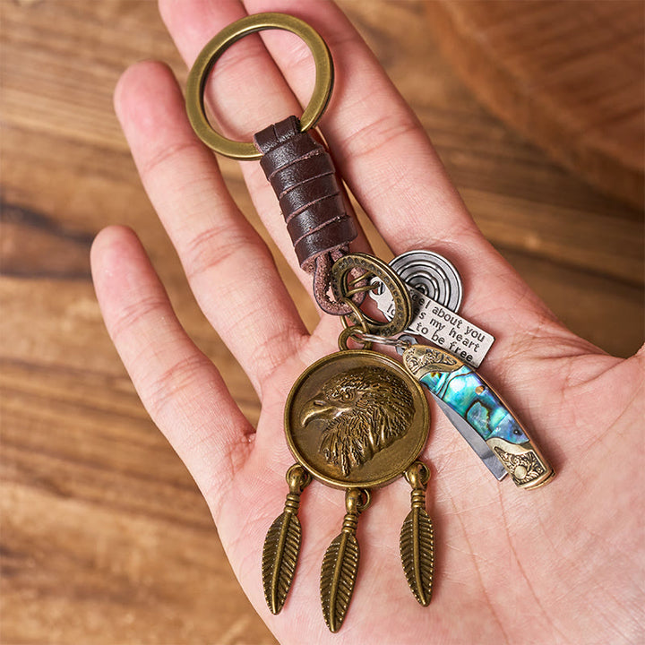Retro Eagle Head Round Pendant Shell Texture Folding Knife Keychain - image 2