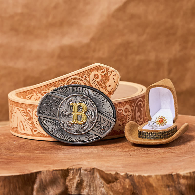 Rotating Sunflower Ring Initial Letter DIY Hidden Knife Belt Buckle Bundle Set - B - Camel Embossed Horse Belt (40) - image 5