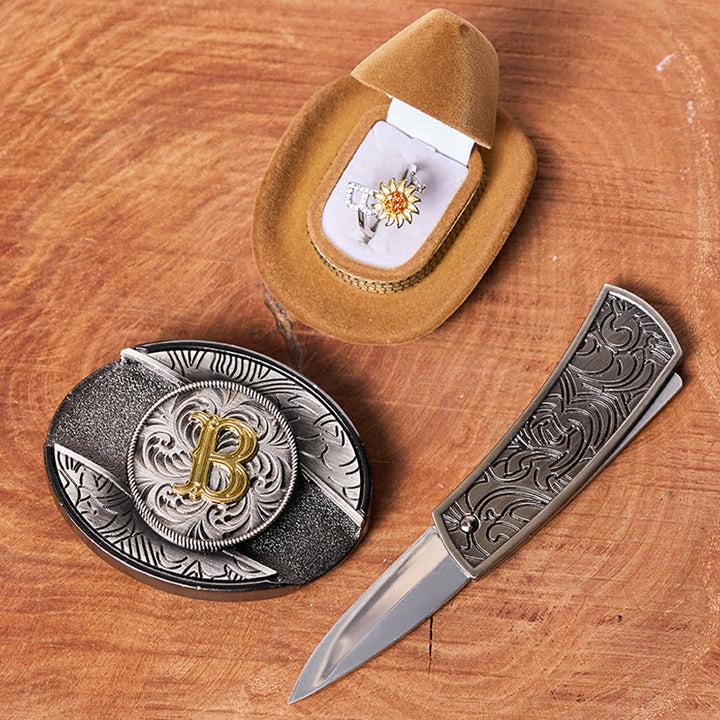 Rotating Sunflower Ring Initial Letter DIY Hidden Knife Belt Buckle Bundle Set - image 1