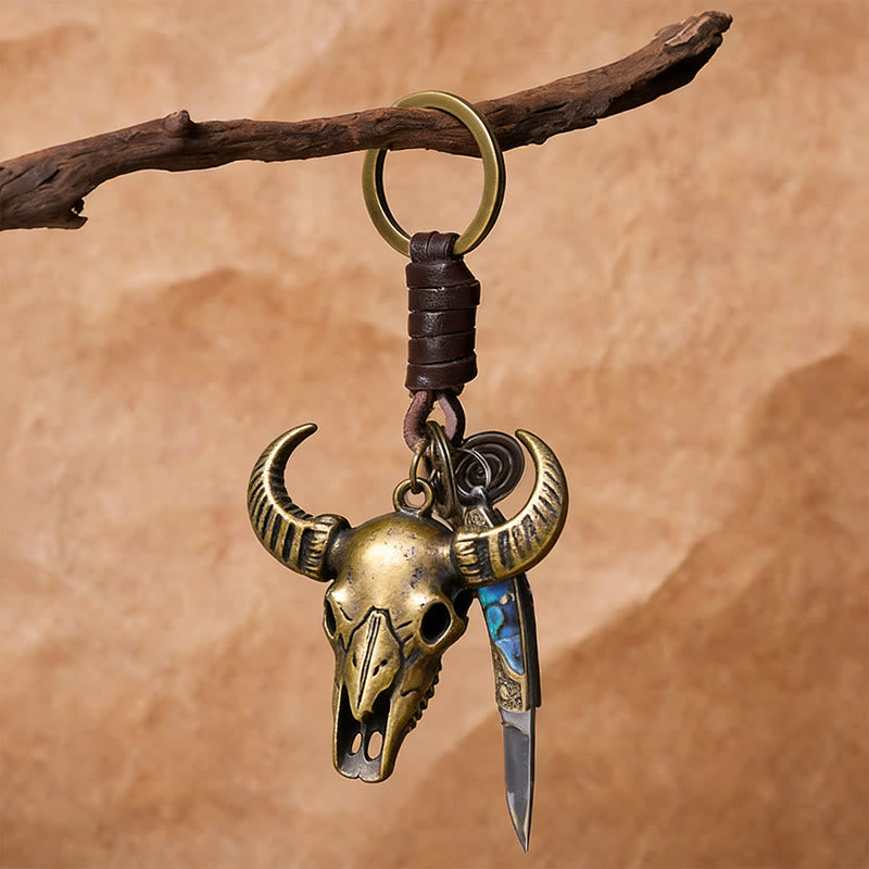 Retro Bull Head Pendant Shell Texture Folding Knife Keychain - image 3