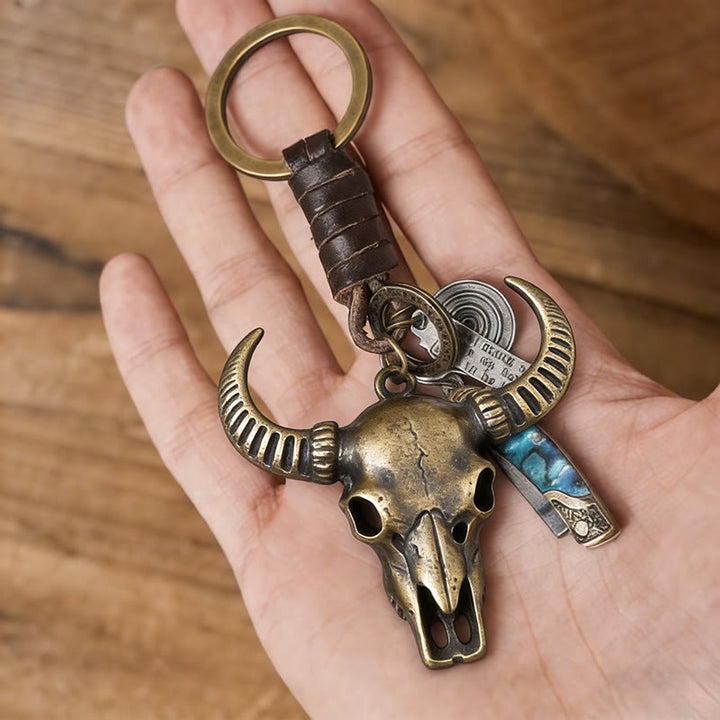 Retro Bull Head Pendant Shell Texture Folding Knife Keychain - image 2