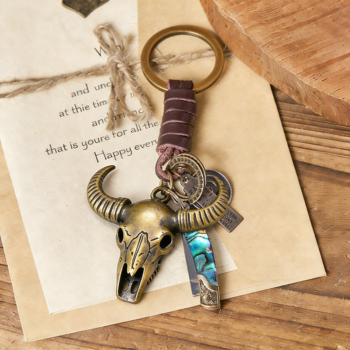 Retro Bull Head Pendant Shell Texture Folding Knife Keychain - image 1