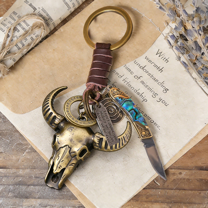 Retro Bull Head Pendant Shell Texture Folding Knife Keychain - Bull Head - image 0