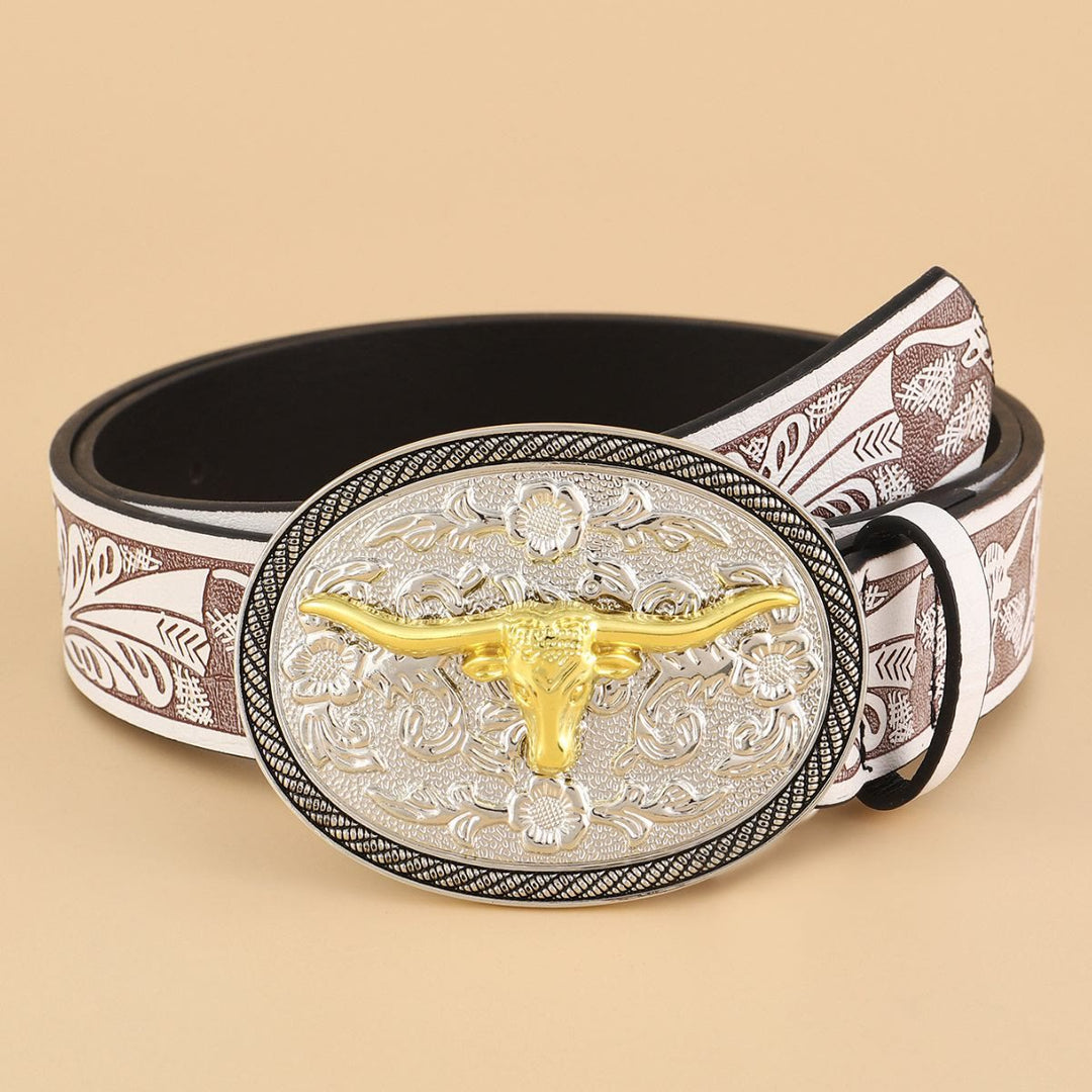 Men's Retro Bull Head Emblem Leather Belt - White - 38 - image 0