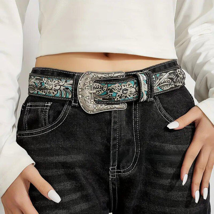 Women's Retro Carved Turquoise Accent Crystal Buckle Leather Belt - image 1