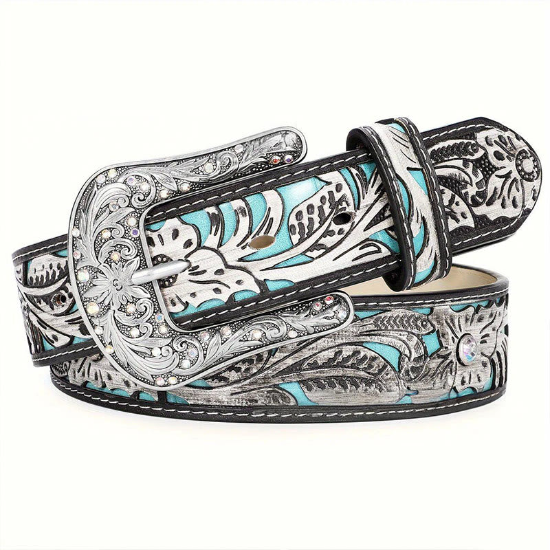Women's Retro Carved Turquoise Accent Crystal Buckle Leather Belt - image 2