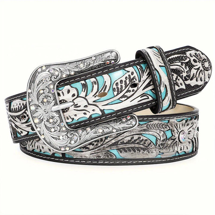 Women's Retro Carved Turquoise Accent Crystal Buckle Leather Belt - image 2