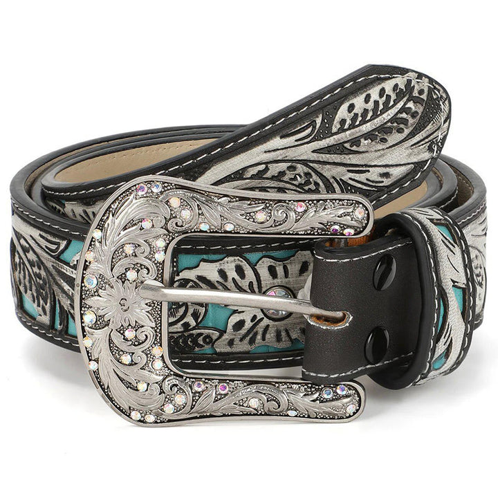 Women's Retro Carved Turquoise Accent Crystal Buckle Leather Belt - Blue - 44 - image 0
