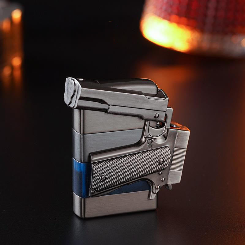 Creative Metal Texture Gun Style Butane Lighter - Black and Blue - image 6