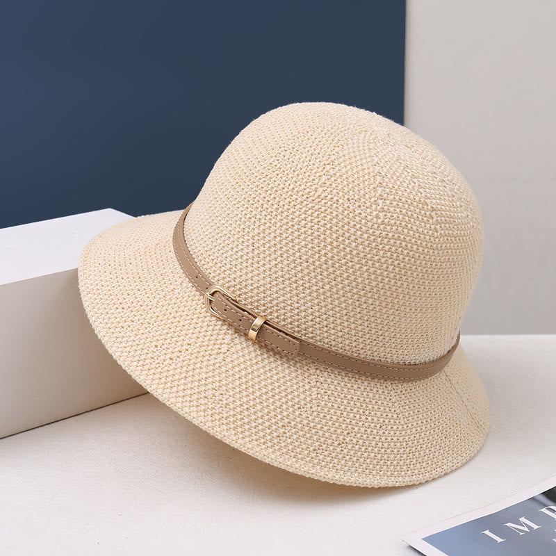 Women's Knitted Leather Strap Decor Bucket Hat - Off-white - M (22-22 7/8") - image 0
