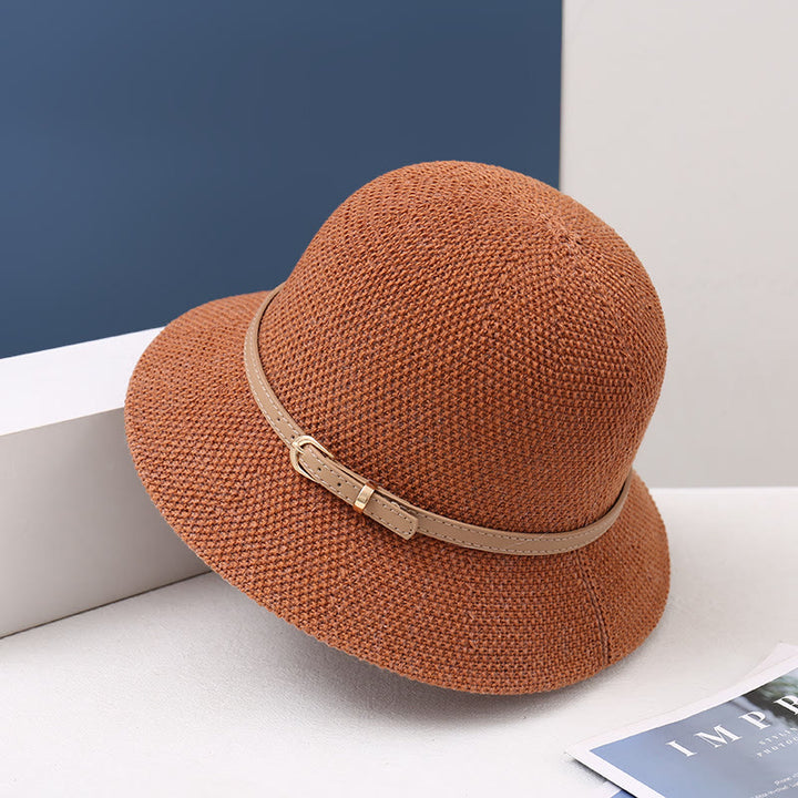 Women's Knitted Leather Strap Decor Bucket Hat - Caramel - M (22-22 7/8") - image 5