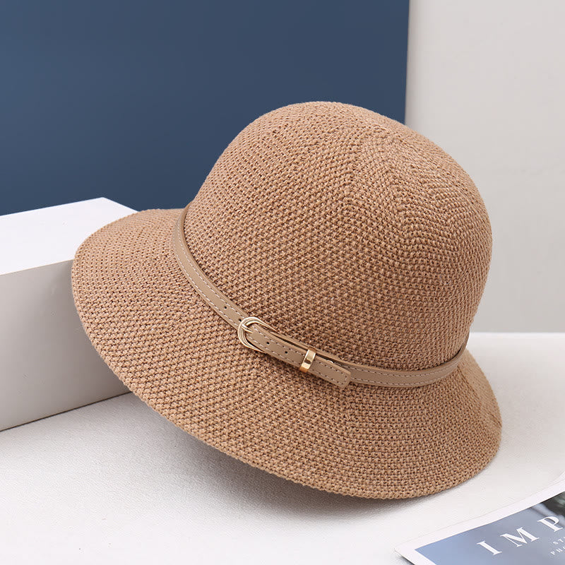 Women's Knitted Leather Strap Decor Bucket Hat - Khaki - M (22-22 7/8") - image 4