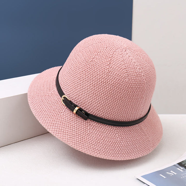 Women's Knitted Leather Strap Decor Bucket Hat - Pink - M (22-22 7/8") - image 8