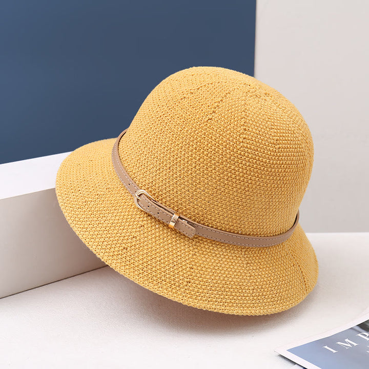 Women's Knitted Leather Strap Decor Bucket Hat - Yellow - M (22-22 7/8") - image 6
