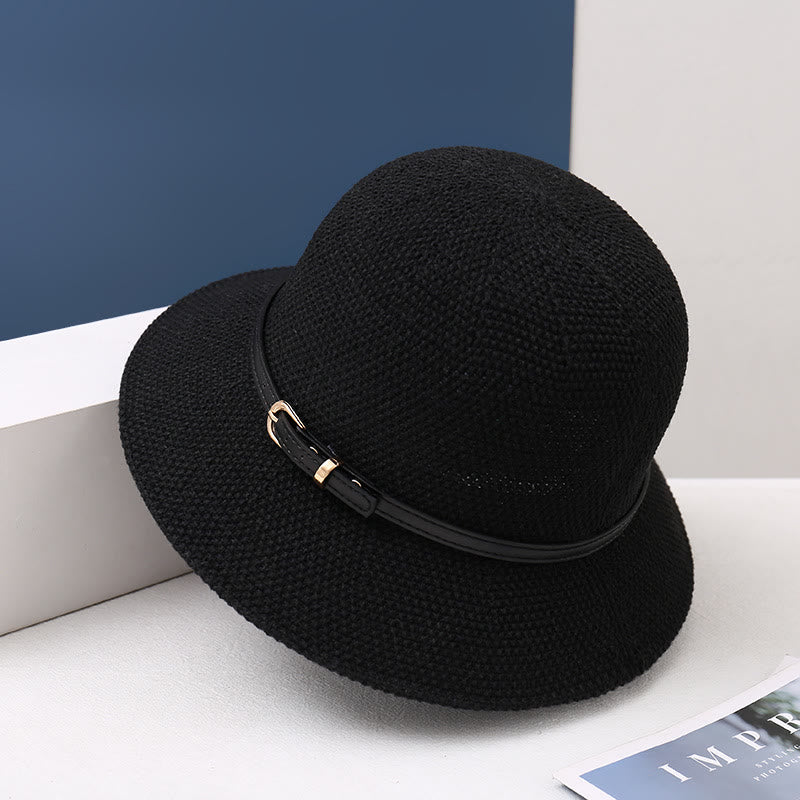 Women's Knitted Leather Strap Decor Bucket Hat - Black - M (22-22 7/8") - image 3