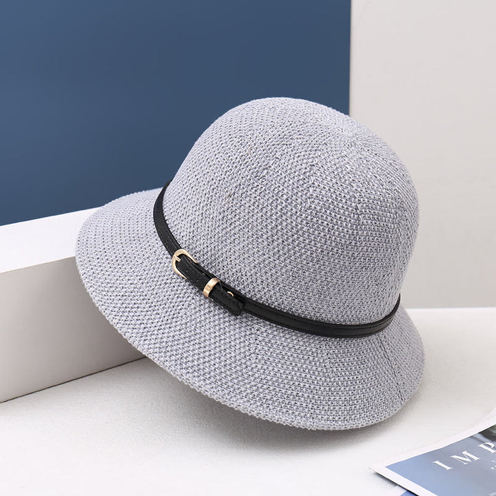 Women's Knitted Leather Strap Decor Bucket Hat - Grey - M (22-22 7/8") - image 9