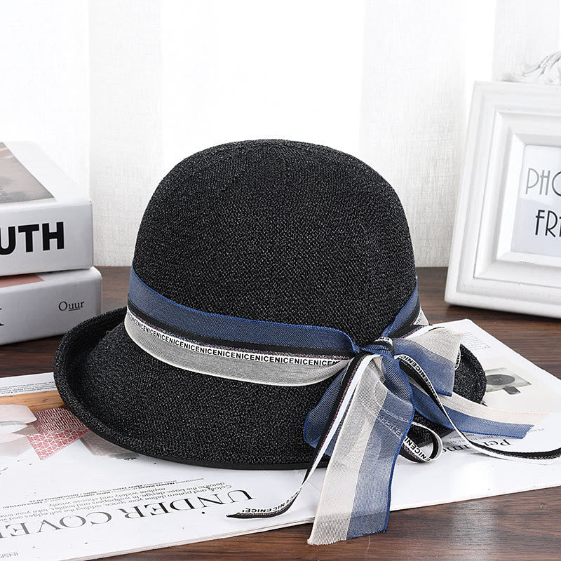 Women's Knitted Ribbon Bow Decor Bucket Hat - Black - M (22 1/2'') - image 1