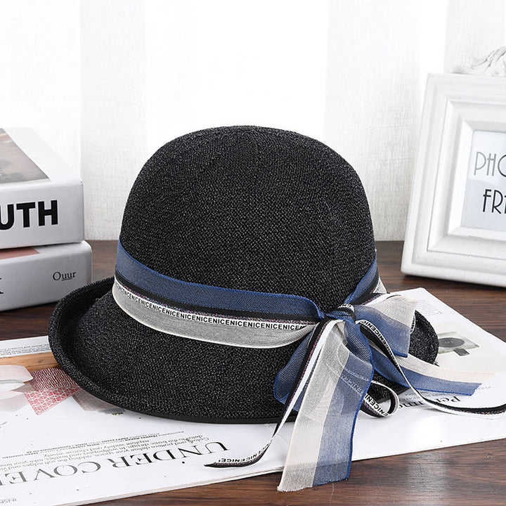 Women's Knitted Ribbon Bow Decor Bucket Hat - Black - M (22 1/2'') - image 1