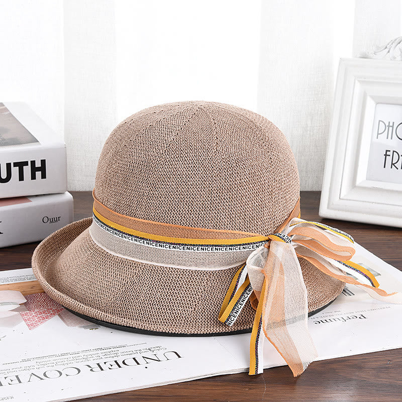 Women's Knitted Ribbon Bow Decor Bucket Hat - Khaki - M (22 1/2'') - image 4