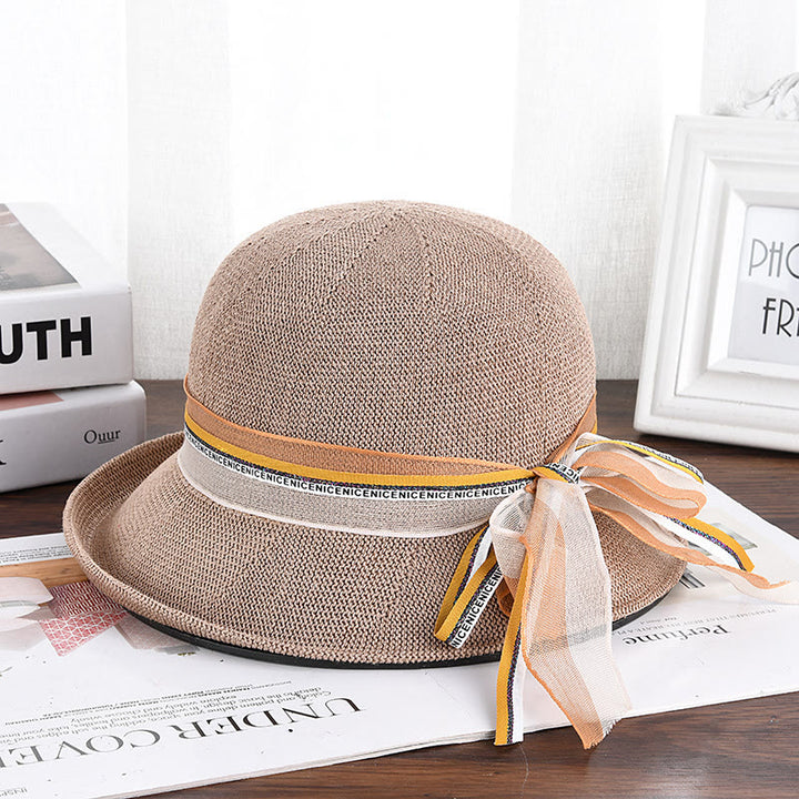 Women's Knitted Ribbon Bow Decor Bucket Hat - Khaki - M (22 1/2'') - image 4