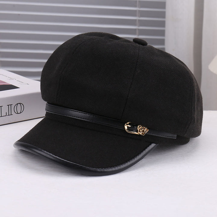 Women's Wool-Blend Leather Strap Rose Beret Hat - Black - Adjustable (22 - 22 7/8'') - image 2