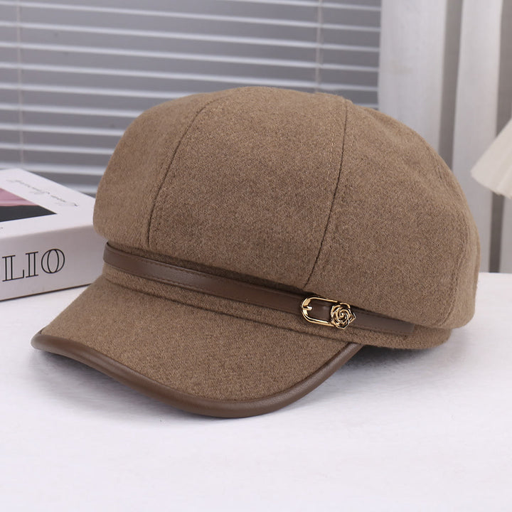Women's Wool-Blend Leather Strap Rose Beret Hat - Khaki - Adjustable (22 - 22 7/8'') - image 0