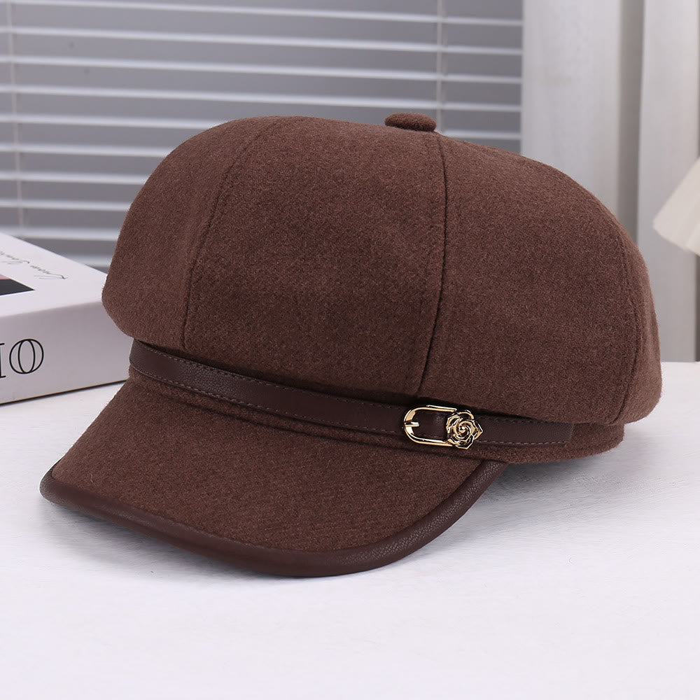 Women's Wool-Blend Leather Strap Rose Beret Hat - Reddish Brown - Adjustable (22 - 22 7/8'') - image 3