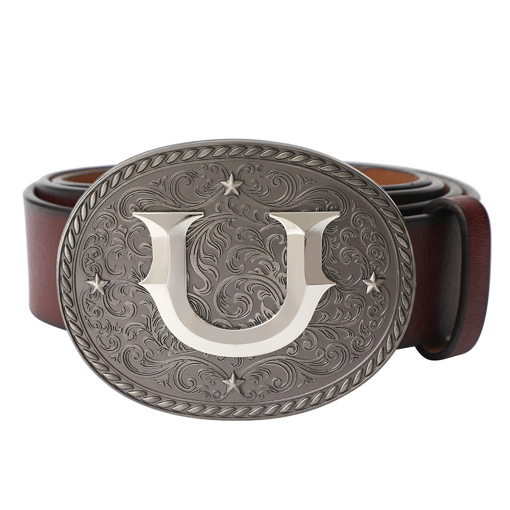 Men's Timeless DIY Initial Letter Silver Buckle Leather Belt - U - Without Belt - image 22
