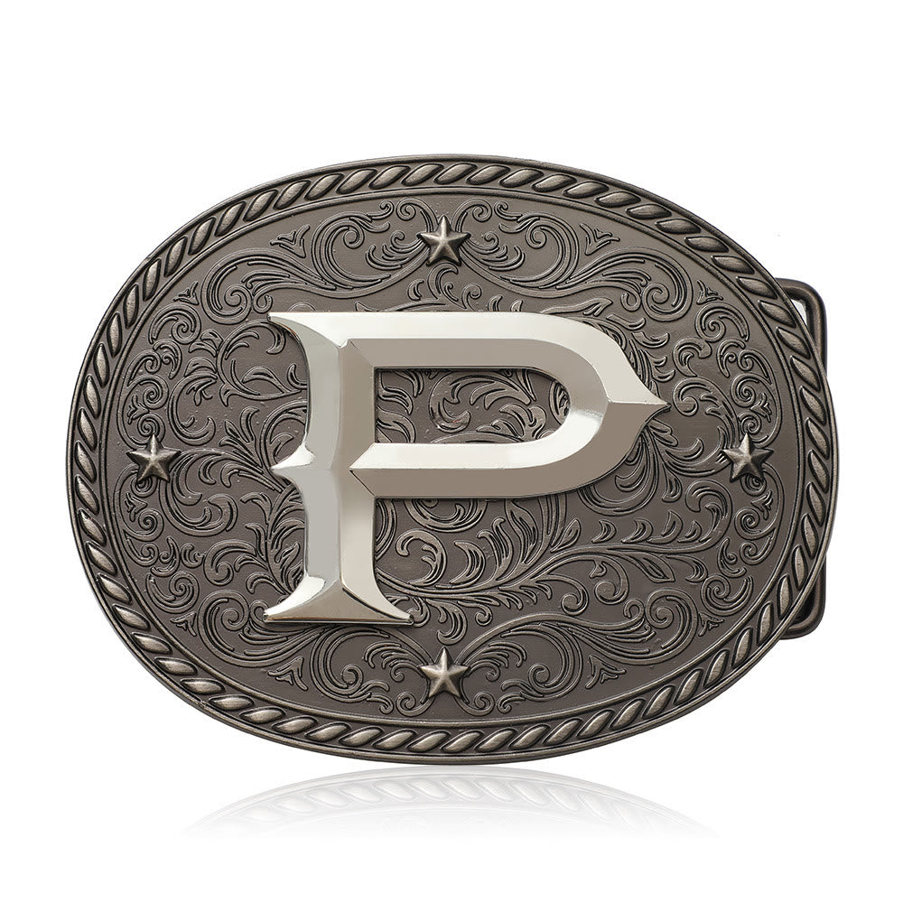 Men's Timeless DIY Initial Letter Silver Buckle Leather Belt - P - Without Belt - image 17