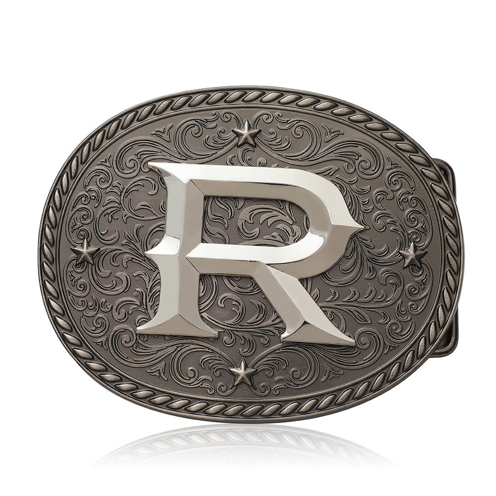 Men's Timeless DIY Initial Letter Silver Buckle Leather Belt - R - Without Belt - image 19