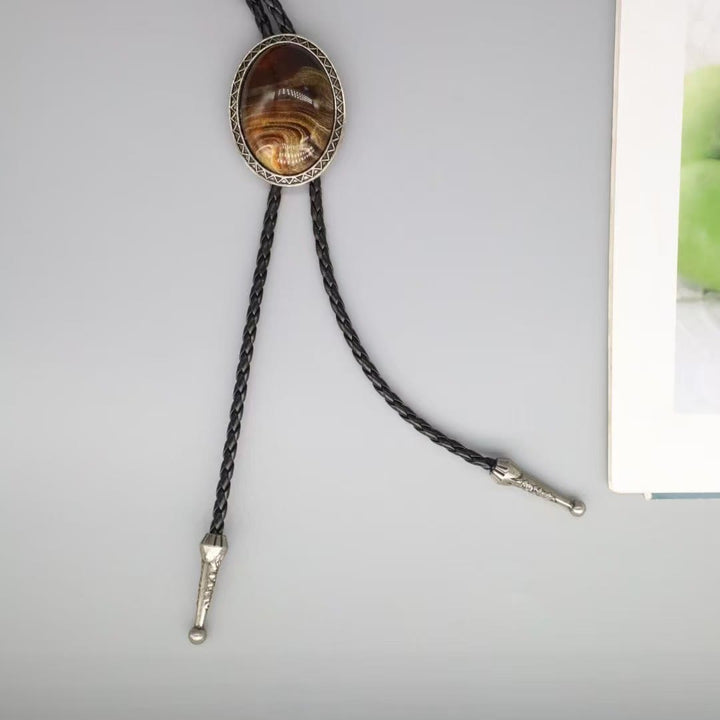 Wood Grain Agate Retro Metal Frame Bolo Tie - Brown - image 0