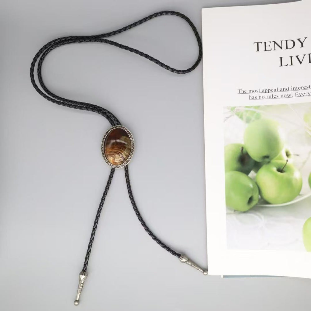 Wood Grain Agate Retro Metal Frame Bolo Tie - image 1