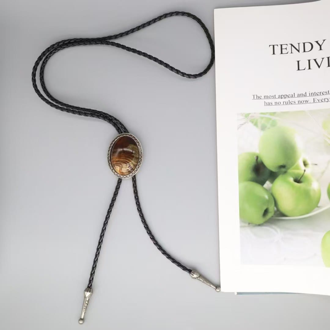 Wood Grain Agate Retro Metal Frame Bolo Tie - image 1