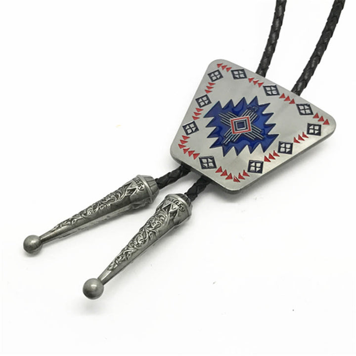 Southwestern Geometric Pattern Triangle Metal Frame Bolo Tie - Silver - image 0