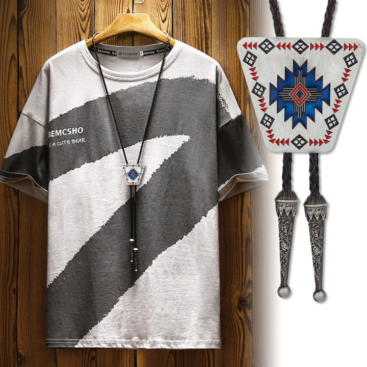 Southwestern Geometric Pattern Triangle Metal Frame Bolo Tie - image 1