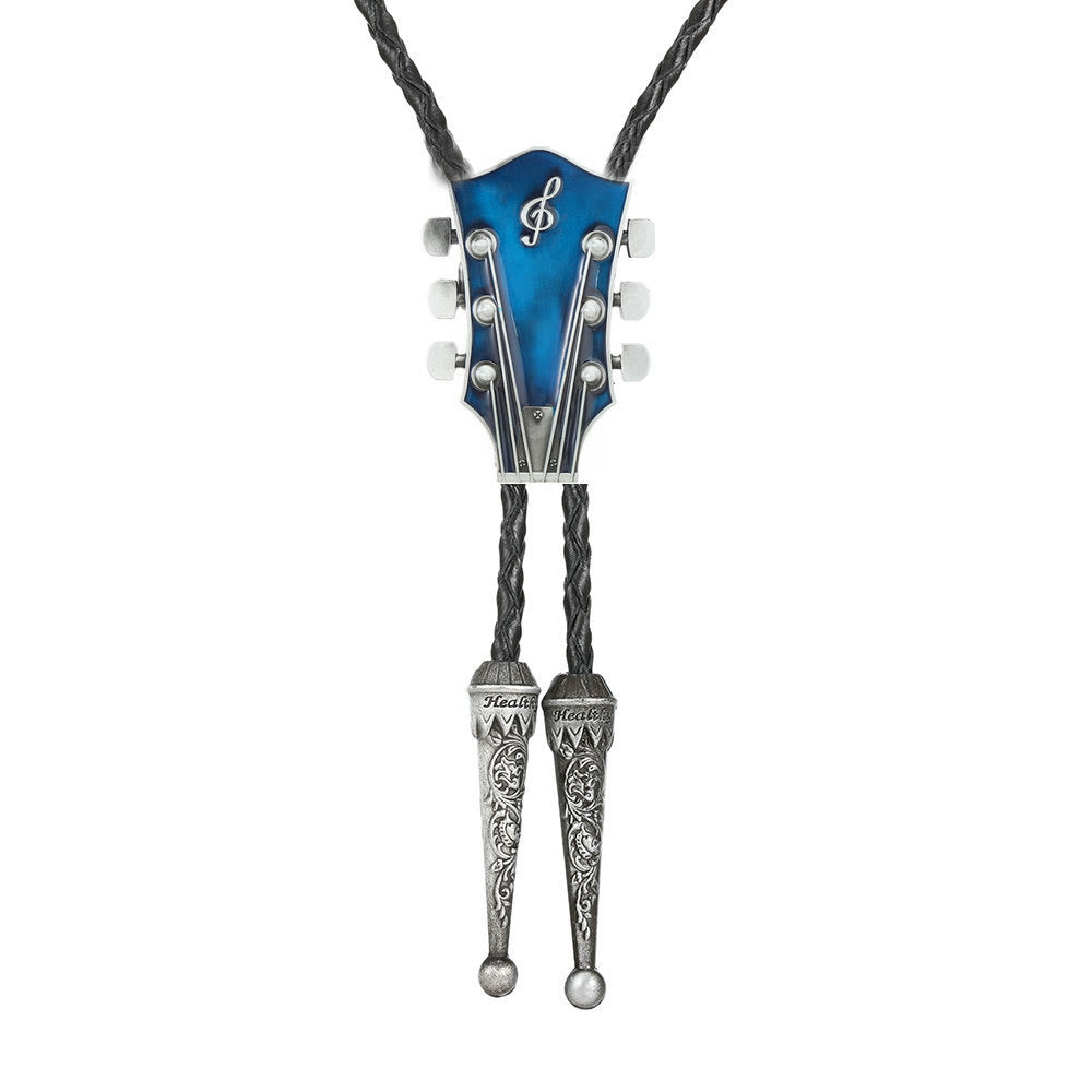 Guitar Shape Retro Metal Frame Bolo Tie - Blue - image 4