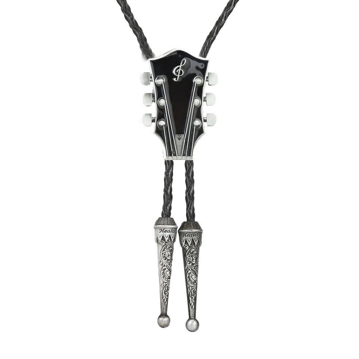 Guitar Shape Retro Metal Frame Bolo Tie - Black - image 5