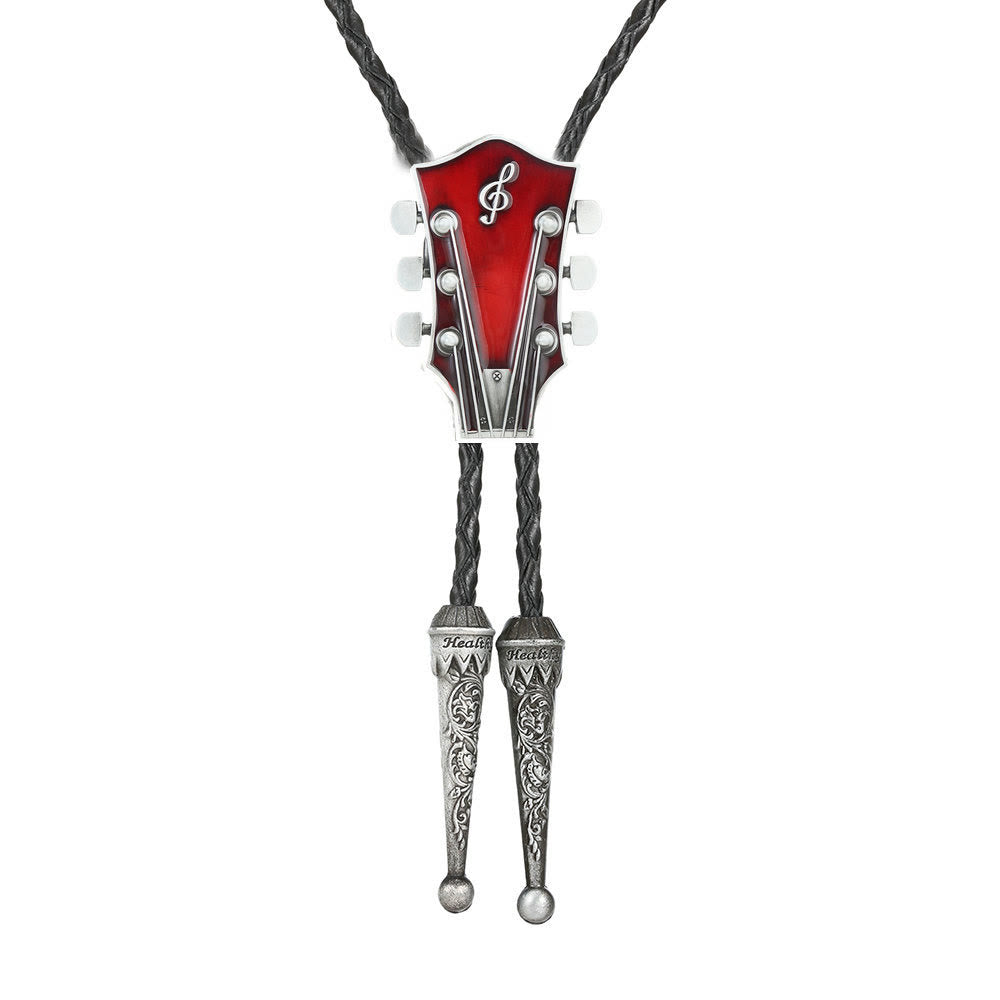 Guitar Shape Retro Metal Frame Bolo Tie - Red - image 6