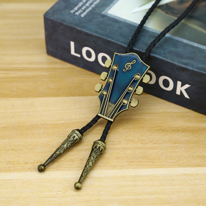 Guitar Shape Retro Metal Frame Bolo Tie - Navy Blue - image 0