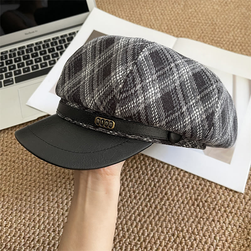 Women's Plaid Pattern Leather Brim Beret Hat - Black - Adjustable (22 - 22 7/8'') - image 4