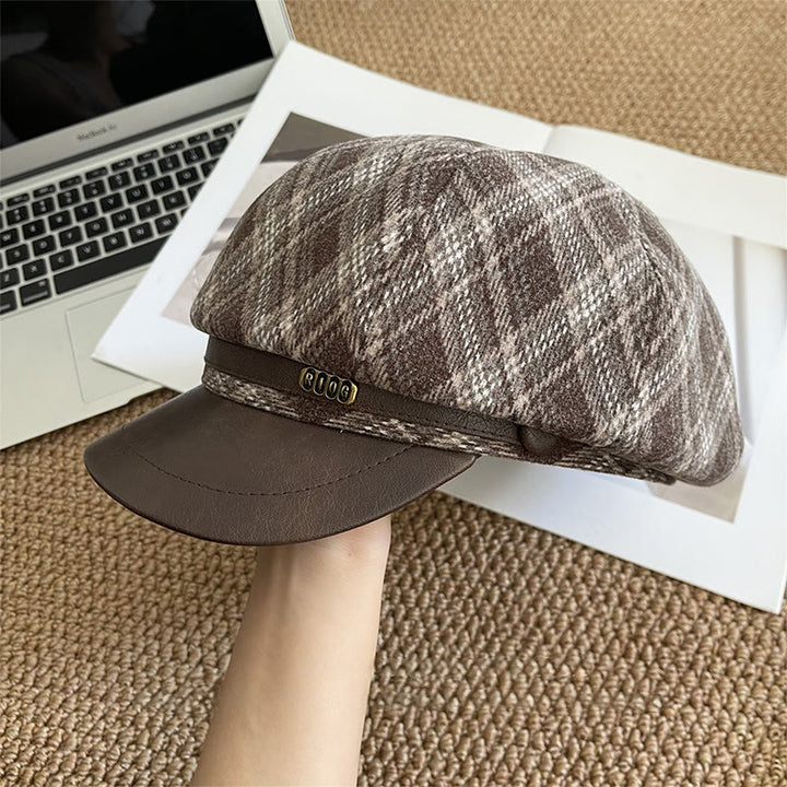 Women's Plaid Pattern Leather Brim Beret Hat - White - Adjustable (22 - 22 7/8'') - image 2