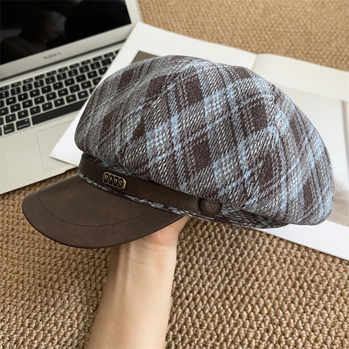 Women's Plaid Pattern Leather Brim Beret Hat - image 1